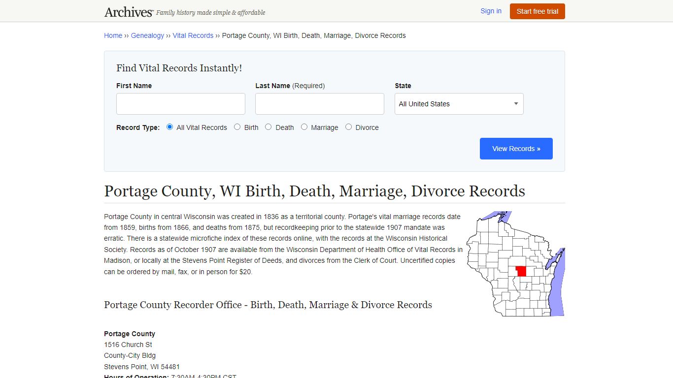 Portage County, WI Birth, Death, Marriage, Divorce Records - Archives.com